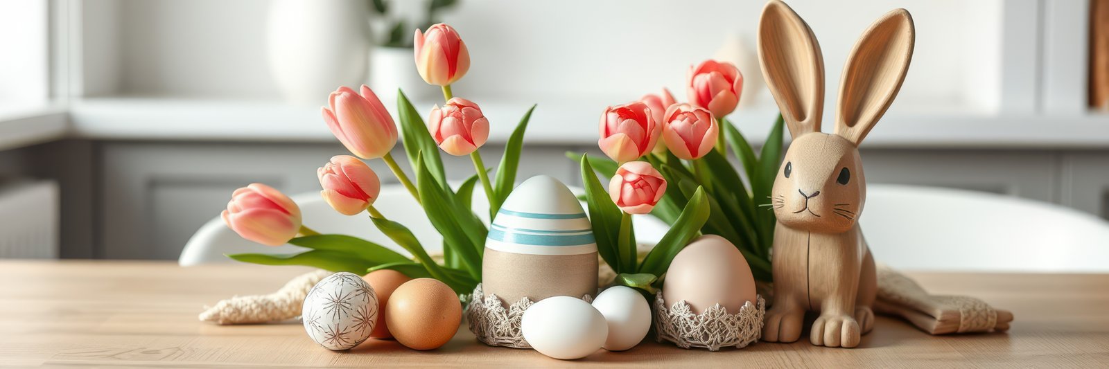 Spring decoration featuring colored eggs, tulips, and a bunny on a wooden table indoors
